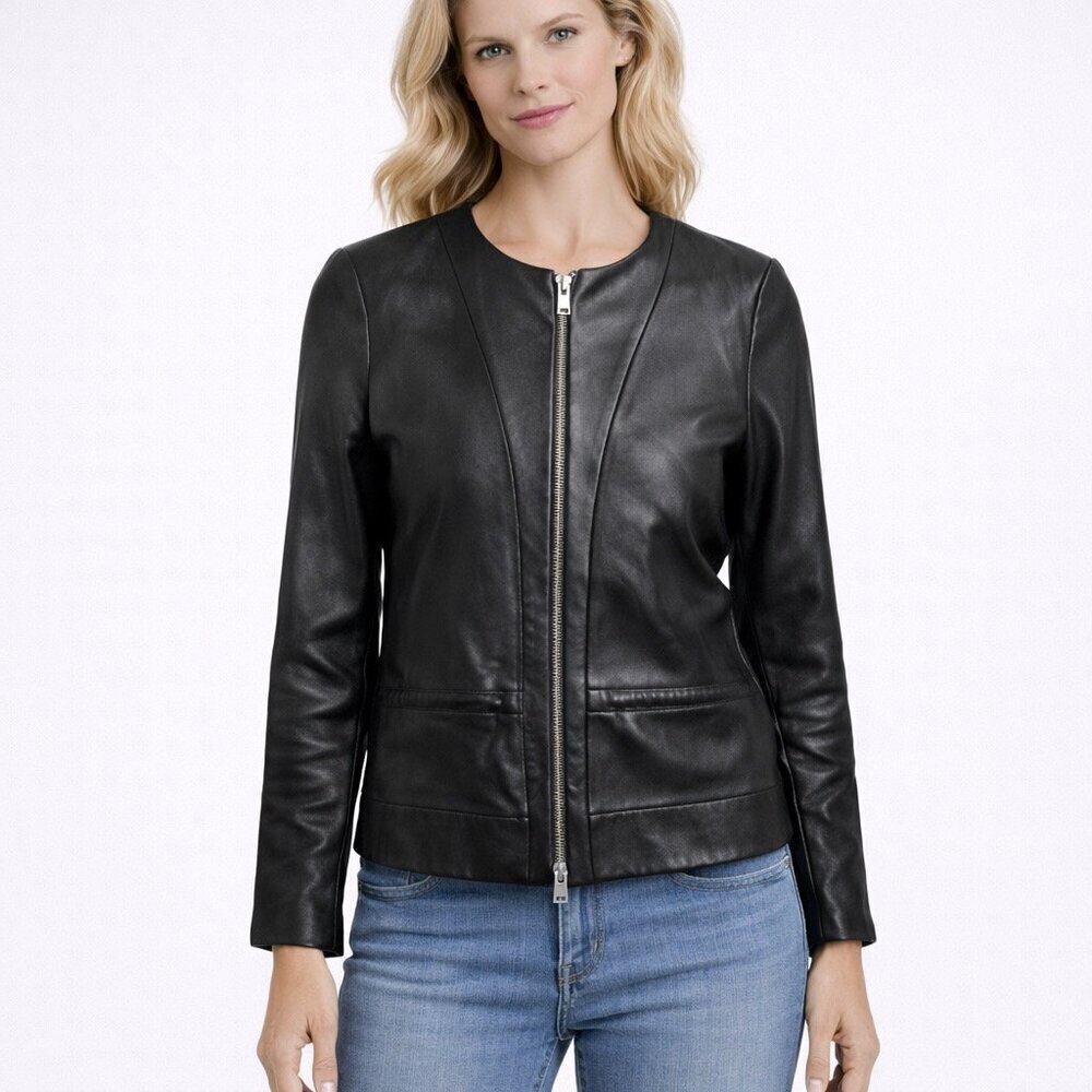 IRO Black real Leather Jacket Moto Biker women Size 36 US 4 small collarless